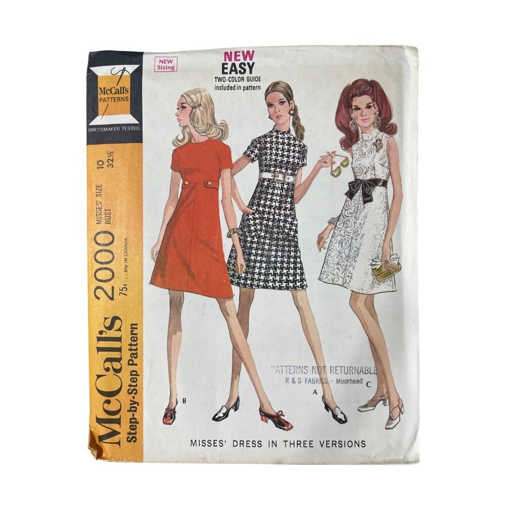60s McCalls 2000 Misses Dress Pattern Size 10 Bust 32.5 3 Versions Vintage CUT